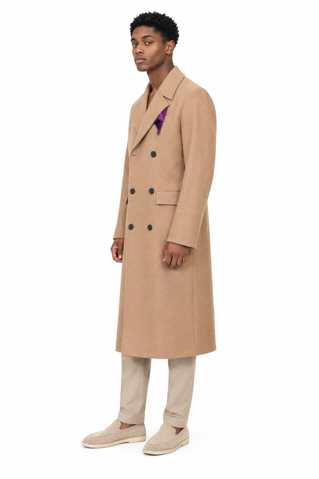 Valentino Floral Inlay Wool-Camel Double-Breasted Long Coat