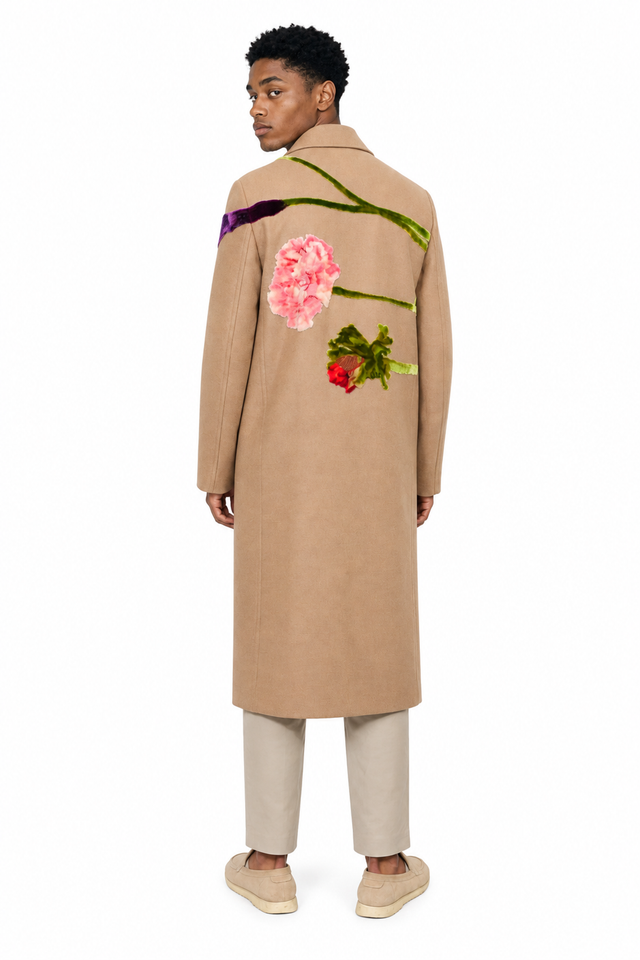 Valentino Floral Inlay Wool-Camel Double-Breasted Long Coat