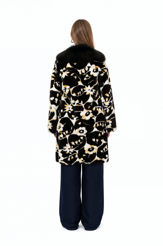 Back view of a Valentino brown and ivory mink intarsia fur coat