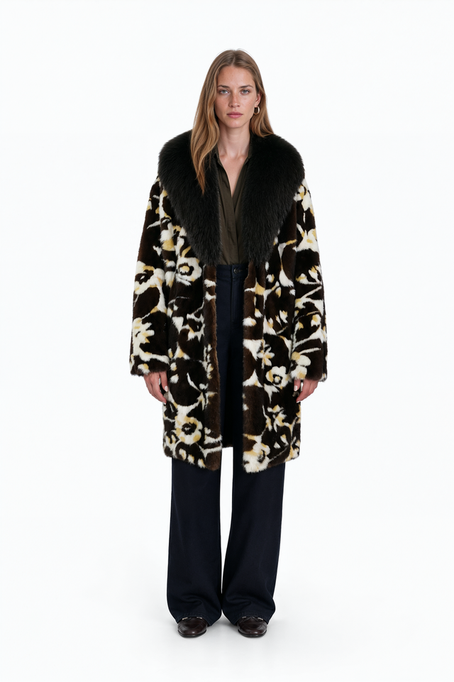 Valentino brown floral intarsia mink coat with black fox collar – front view