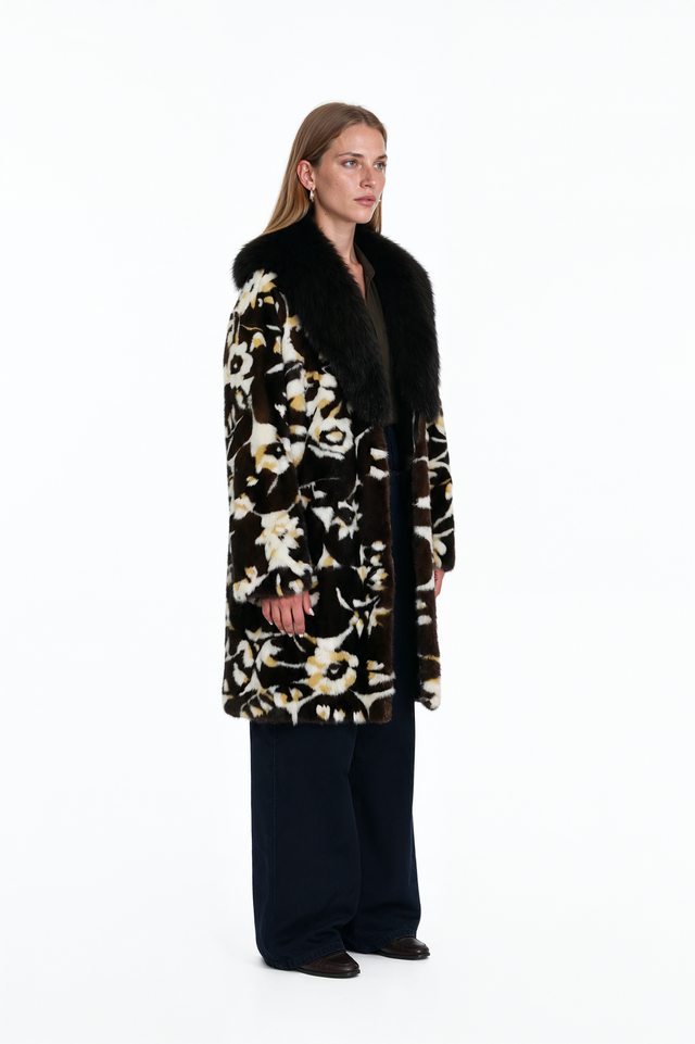 Side view of a Valentino floral intarsia mink coat