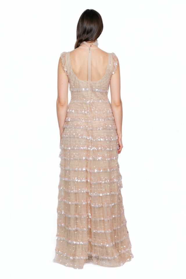 Valentino Sequined Tiered Gown in Champagne