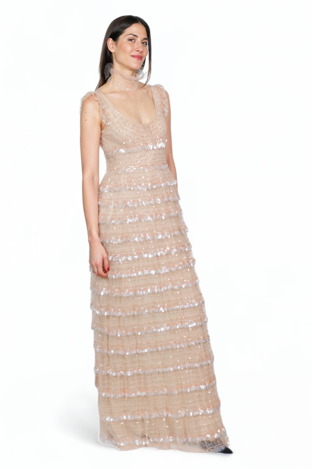 Valentino Sequined Tiered Gown in Champagne