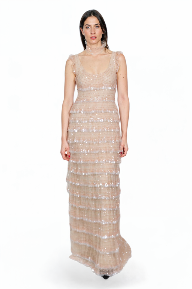 Valentino Sequined Tiered Gown in Champagne