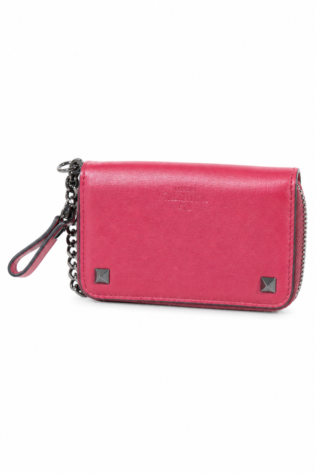 Valentino Garavani Rockstud Zip-Around Leather Card Holder Case in Fuchsia Pink