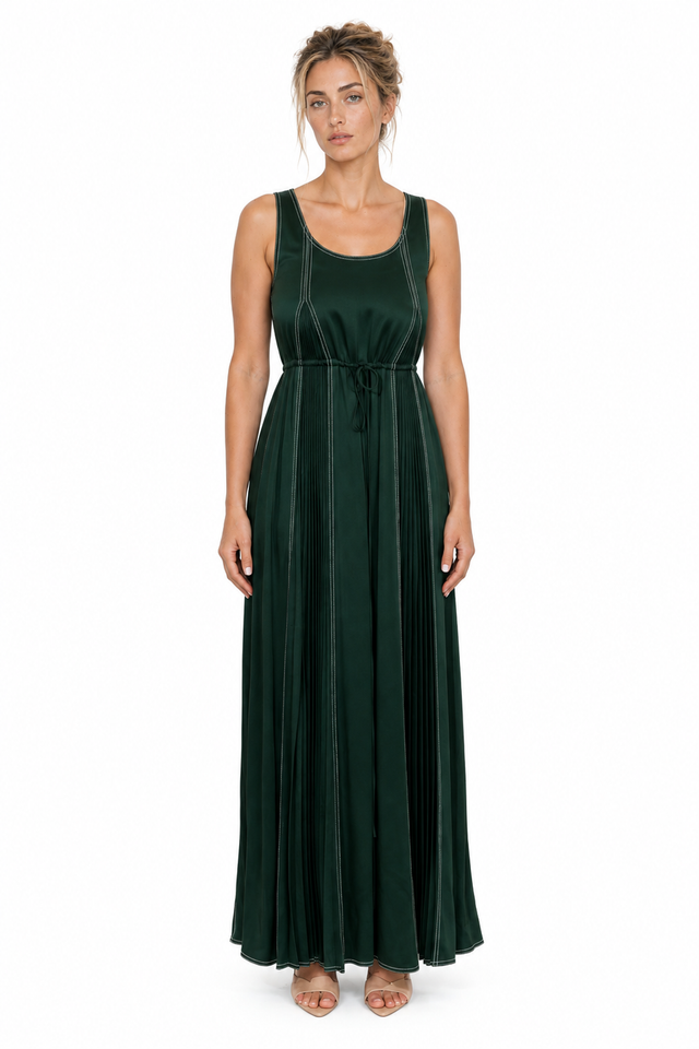 Valentino Dark Green Pleated Maxi Tank Dress