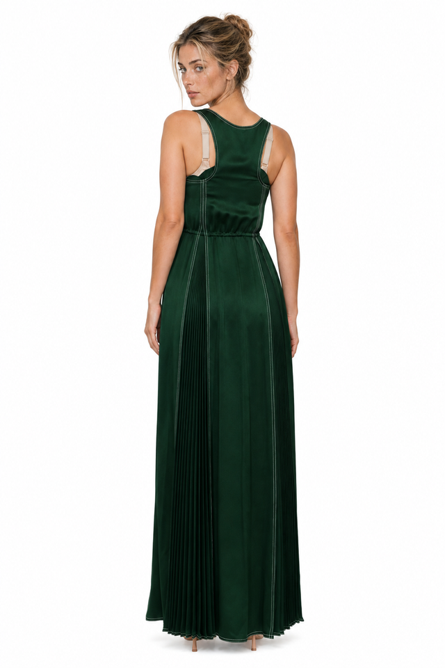 Valentino Dark Green Pleated Maxi Tank Dress