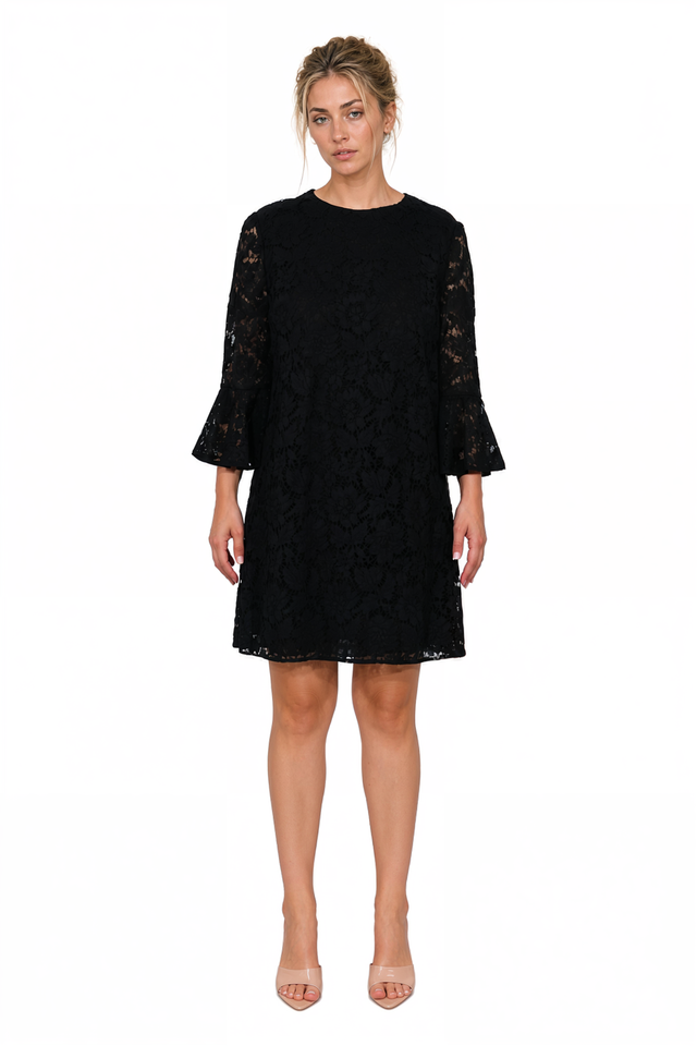 Valentino Bell-Sleeve Lace Shift Mini Dress in Black