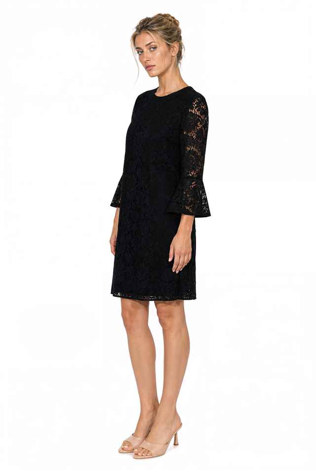 Valentino Bell-Sleeve Lace Shift Mini Dress in Black