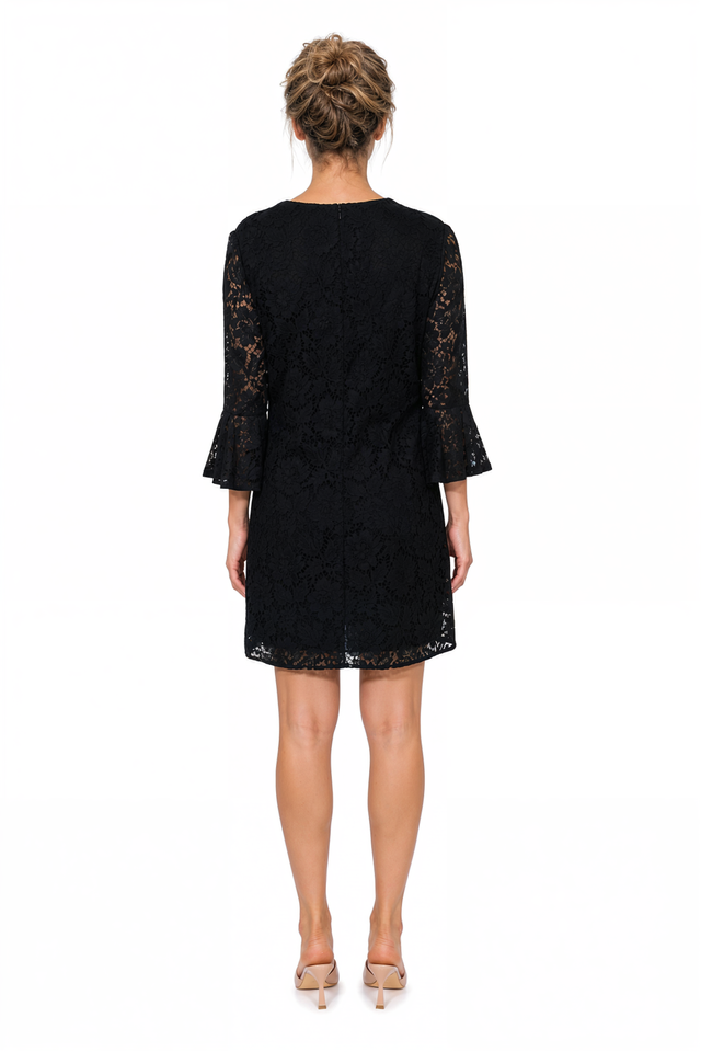 Valentino Bell-Sleeve Lace Shift Mini Dress in Black