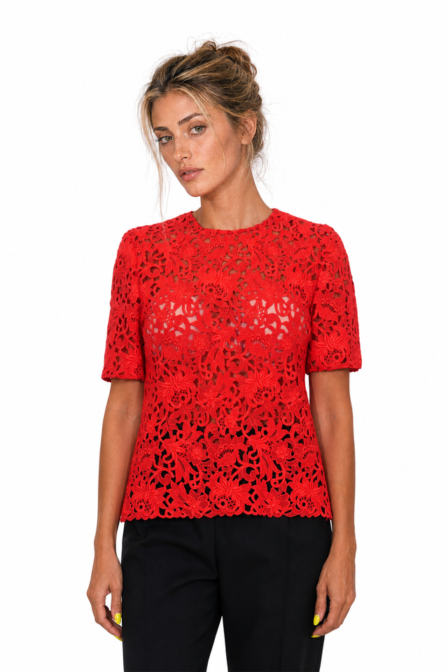 Valentino Garavani Heavy Lace Short-Sleeve Top