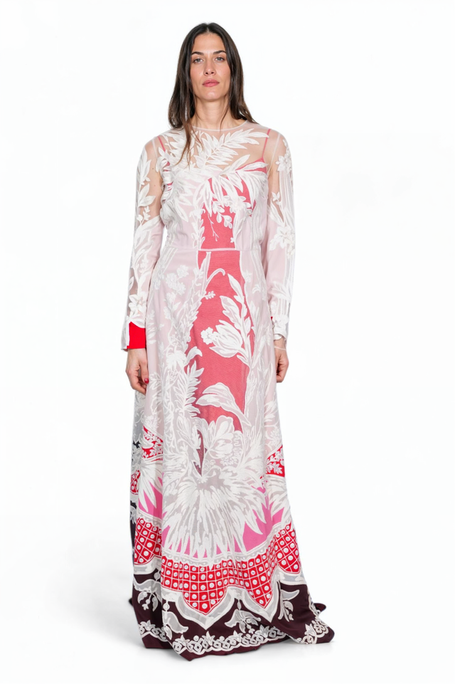 Valentino Long-Sleeve Sheer Floral Embroidered Maxi Dress