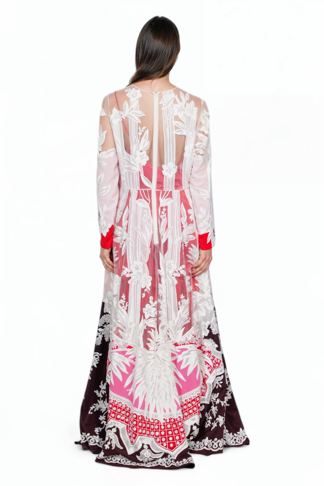 Valentino Long-Sleeve Sheer Floral Embroidered Maxi Dress