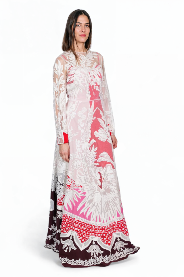 Valentino Long-Sleeve Sheer Floral Embroidered Maxi Dress