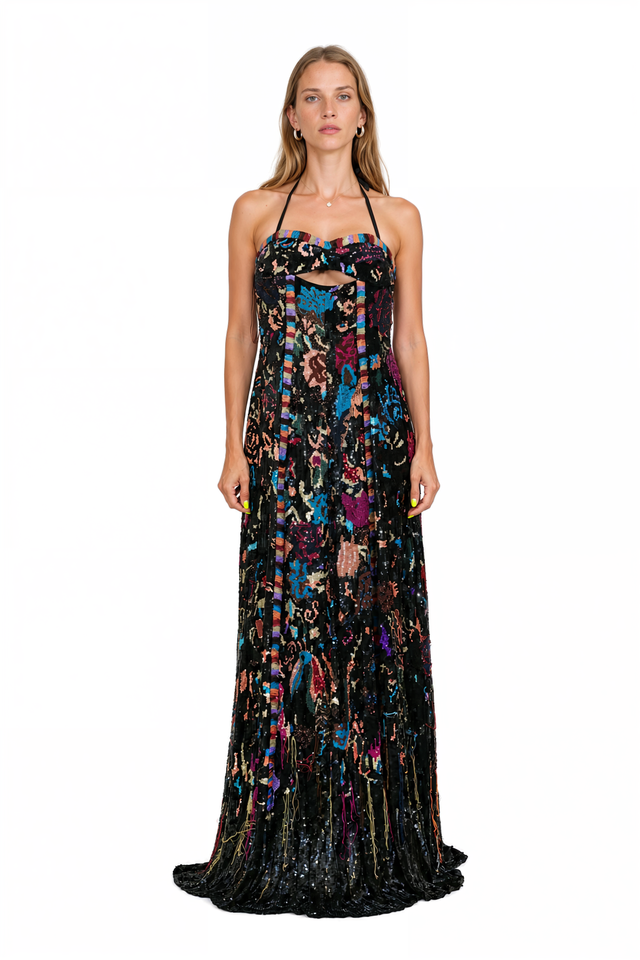 Valentino black tulle gown with multicolour bead and sequin embroidery and halter neckline – front view