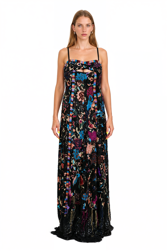 Back view of a Valentino black multicolour embellished halter gown