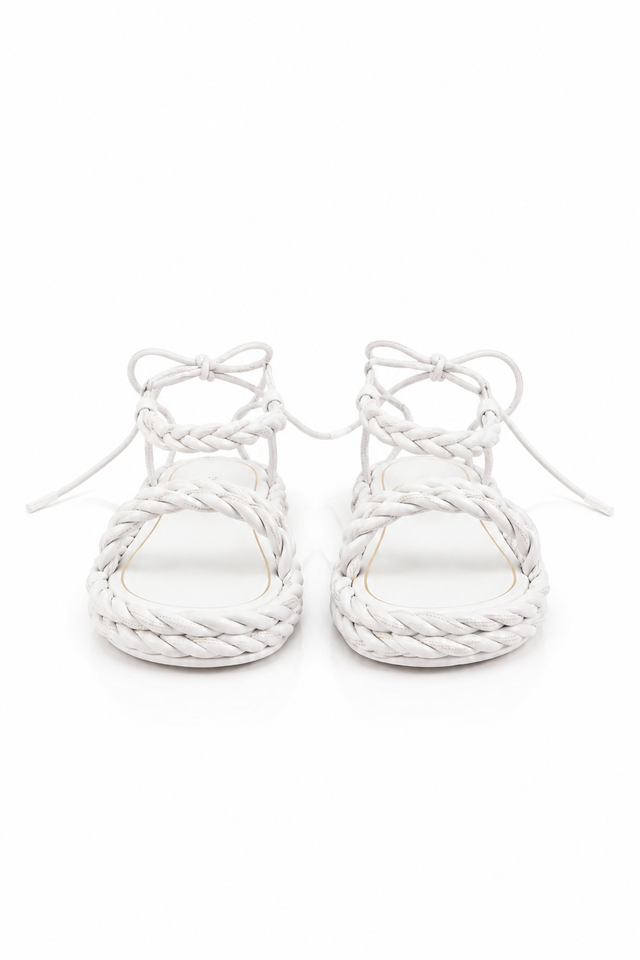 Valentino Garavani Braided Leather Flat Sandals – White