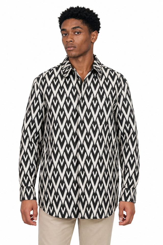 Valentino V-Geometric Silk Long-Sleeve Shirt