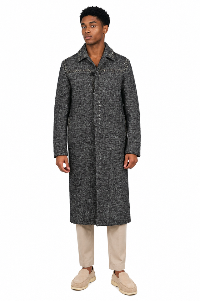 Valentino Rockstud Herringbone Wool Longline Coat