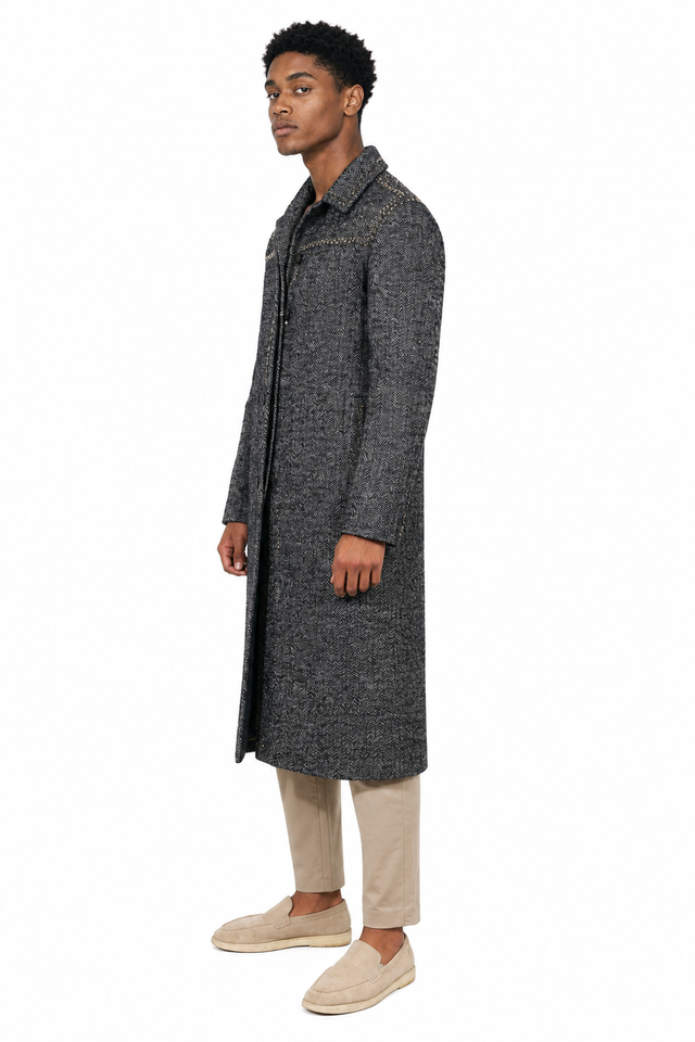 Valentino Rockstud Herringbone Wool Longline Coat