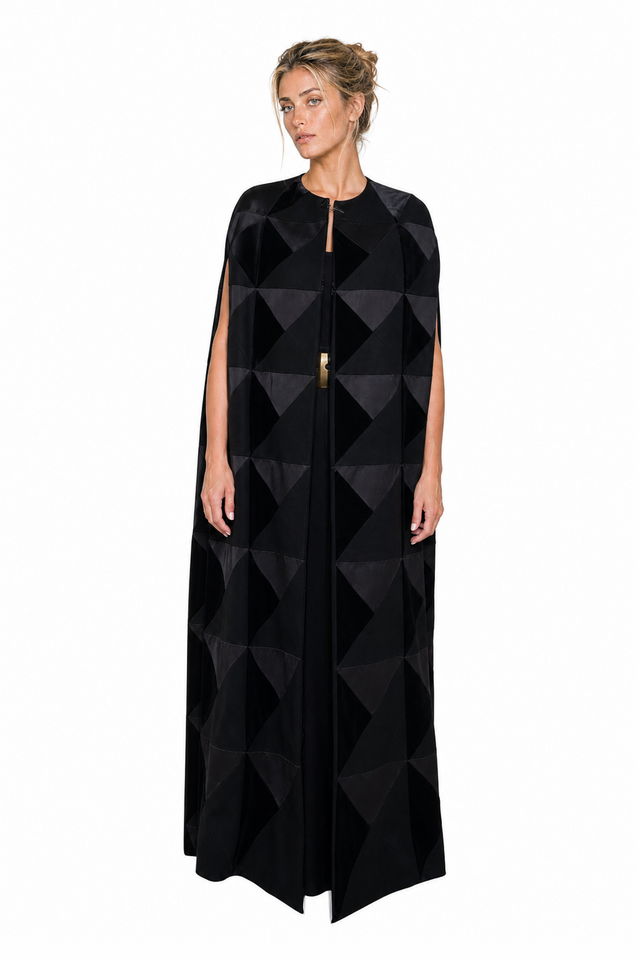 Valentino Patchwork Geometric Silk-Velvet Long Evening Cape in Black