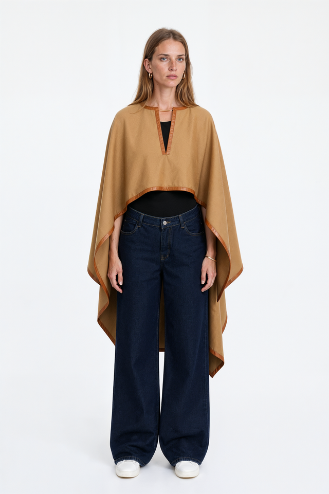 Valentino camel wool cape with tan leather binding and split V front – front view