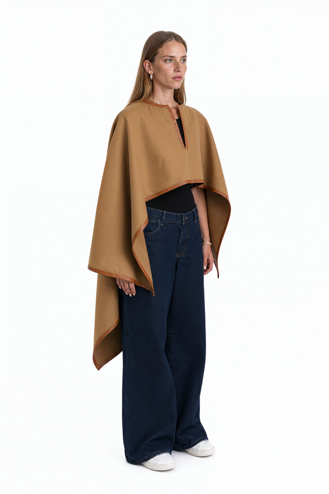 Side view of a Valentino camel wool poncho cape showing the pointed hem