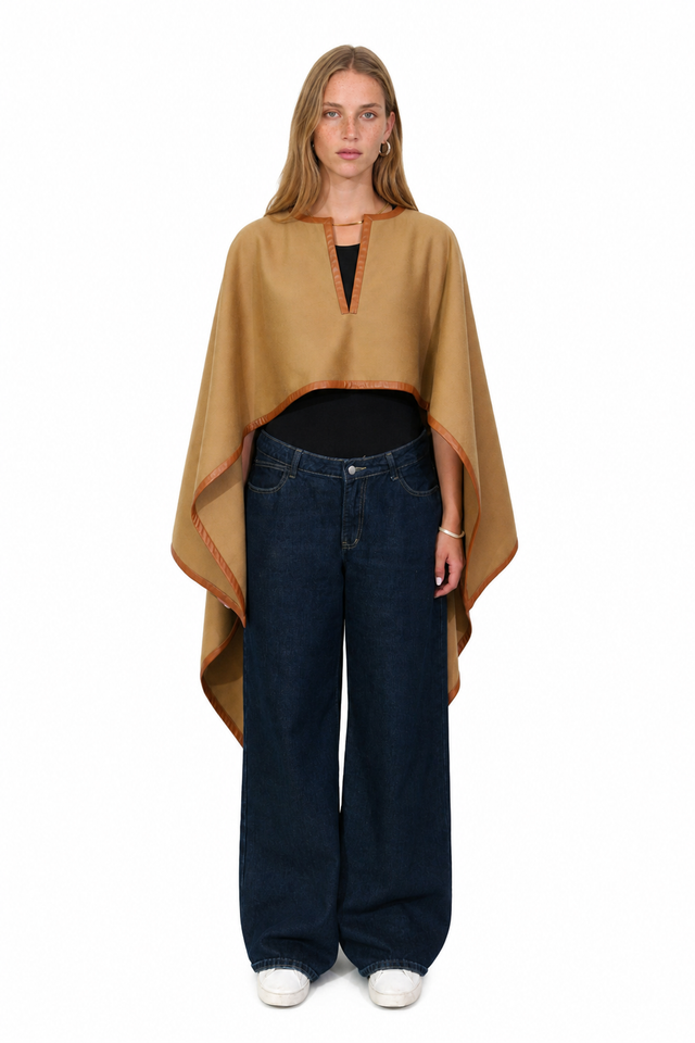 Valentino Leather Trim Wool Cape – Camel Poncho Cape