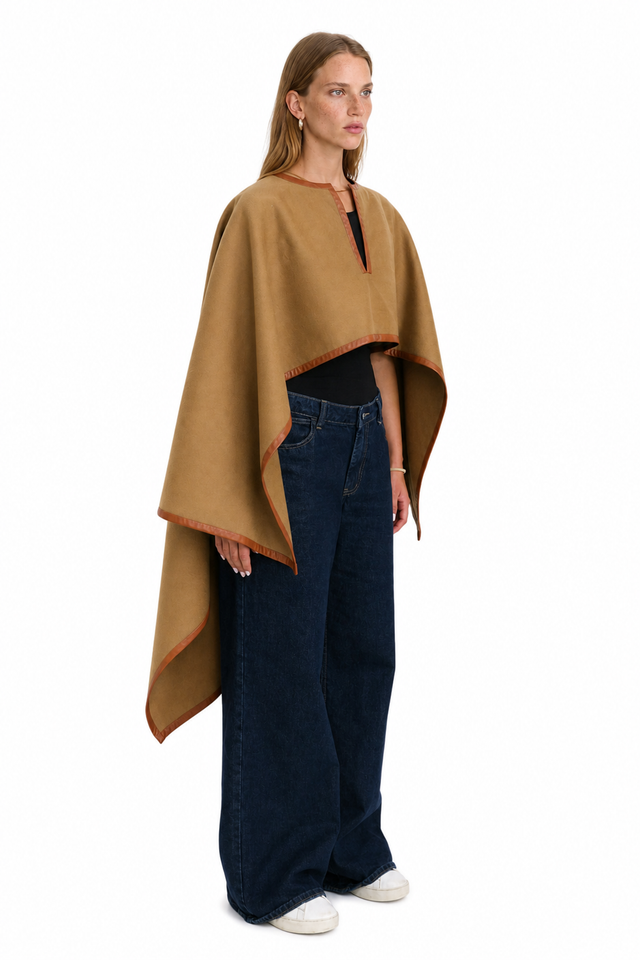 Valentino Leather Trim Wool Cape – Camel Poncho Cape