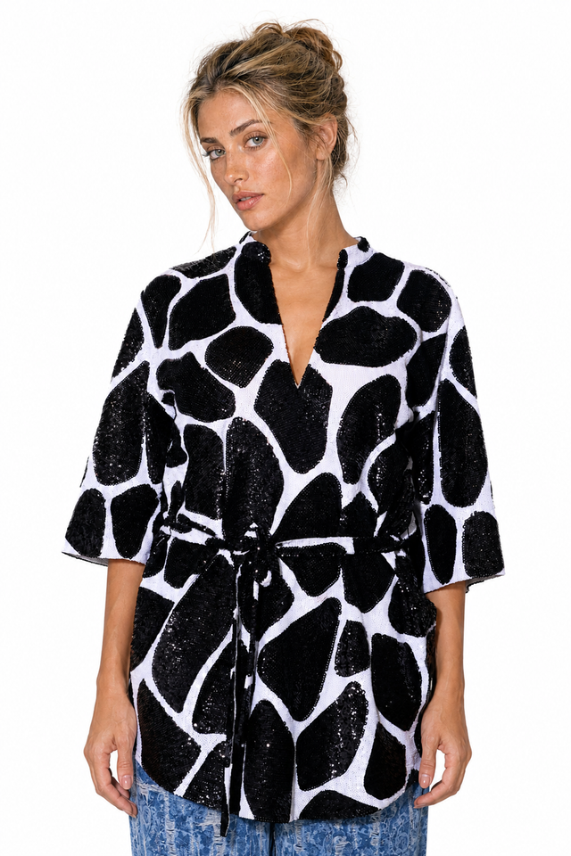 Valentino Women's Sequined Panther Motif Mini Dress Tunic in Black & White