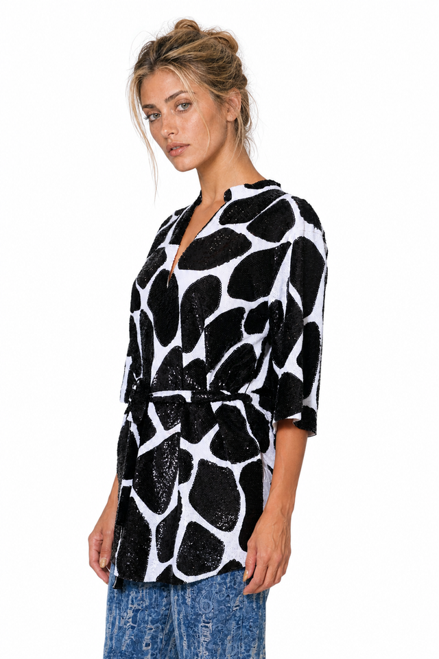 Valentino Women's Sequined Panther Motif Mini Dress Tunic in Black & White