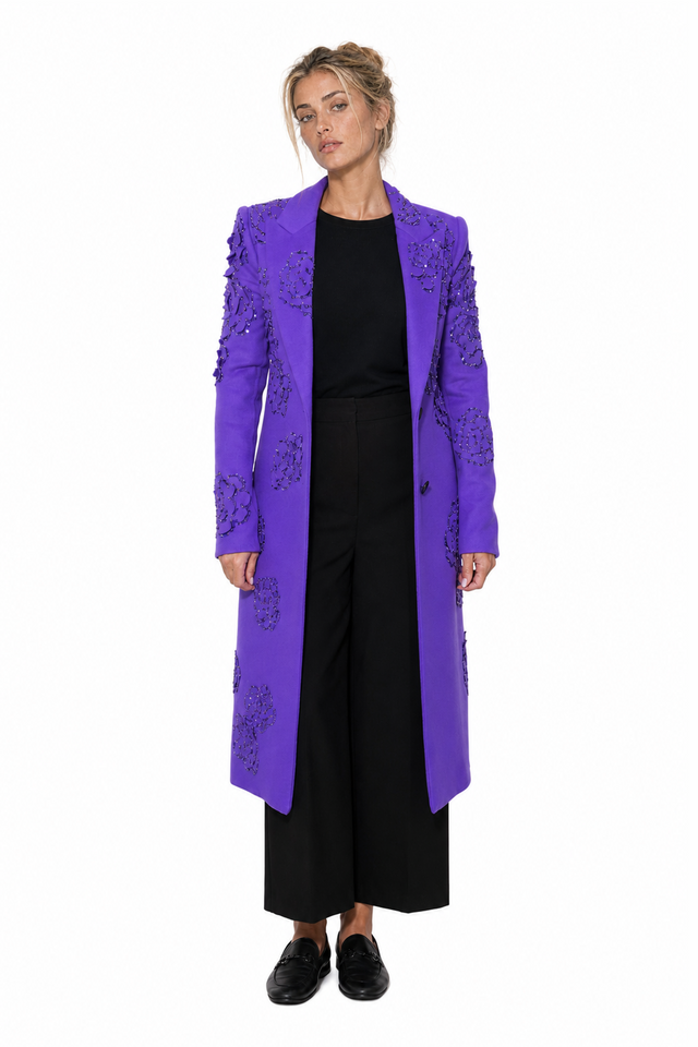 Valentino Sequin Floral Wool Long Coat in Royal Purple