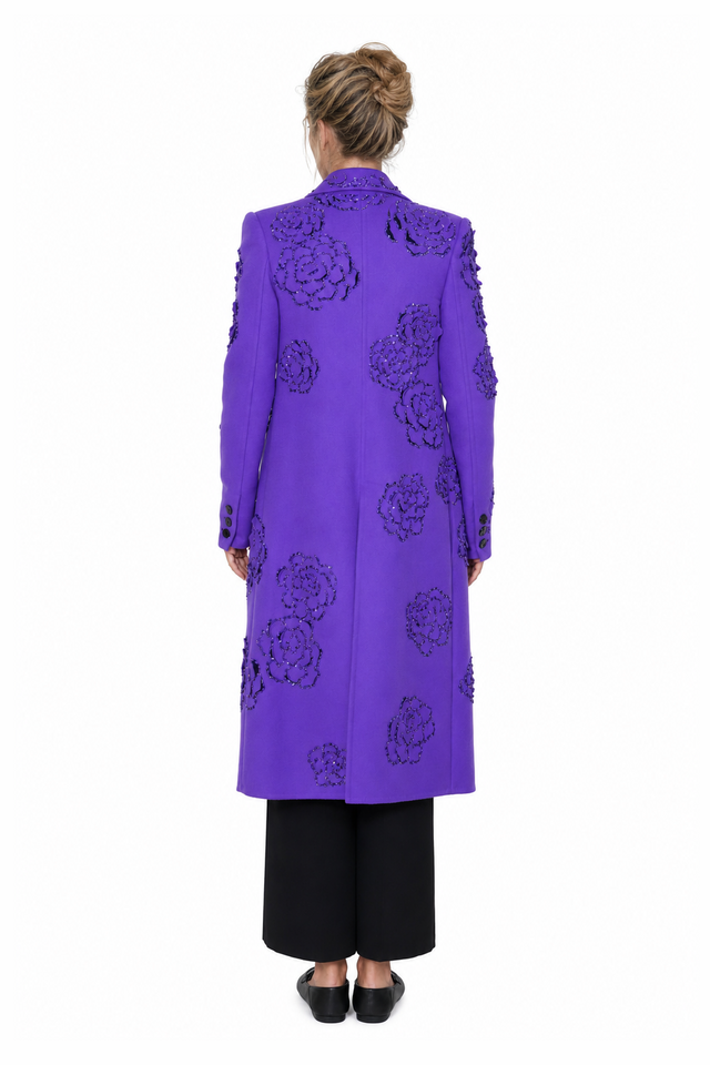 Valentino Sequin Floral Wool Long Coat in Royal Purple