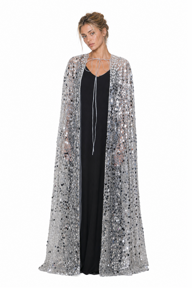 Valentino all-over sequined tulle long evening cape with train in metallic silver