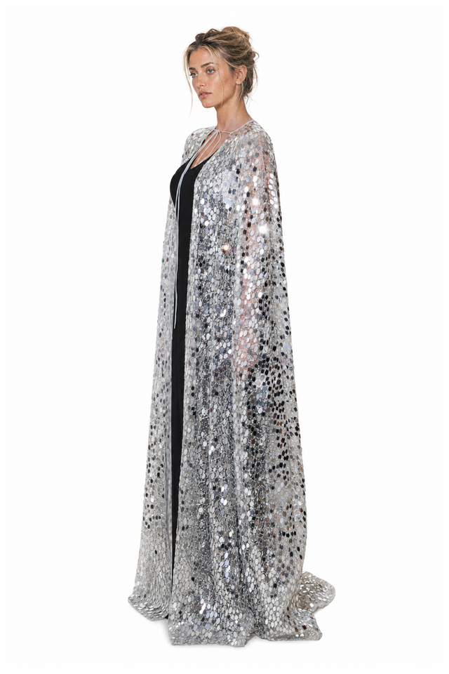 Valentino all-over sequined tulle long evening cape with train in metallic silver