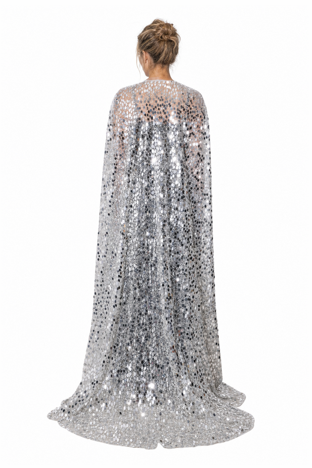 Valentino all-over sequined tulle long evening cape with train in metallic silver
