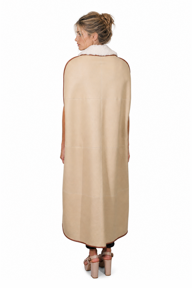 Valentino Shearling-Lined Leather-Trimmed Longline Cape in Sand Beige