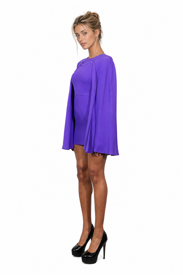 Valentino Crepe Couture Cape-Sleeve Mini Dress in Electric Violet