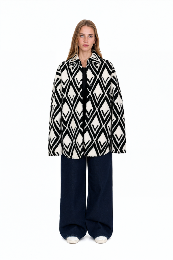 Valentino black and ivory diamond-pattern shearling jacket – front view