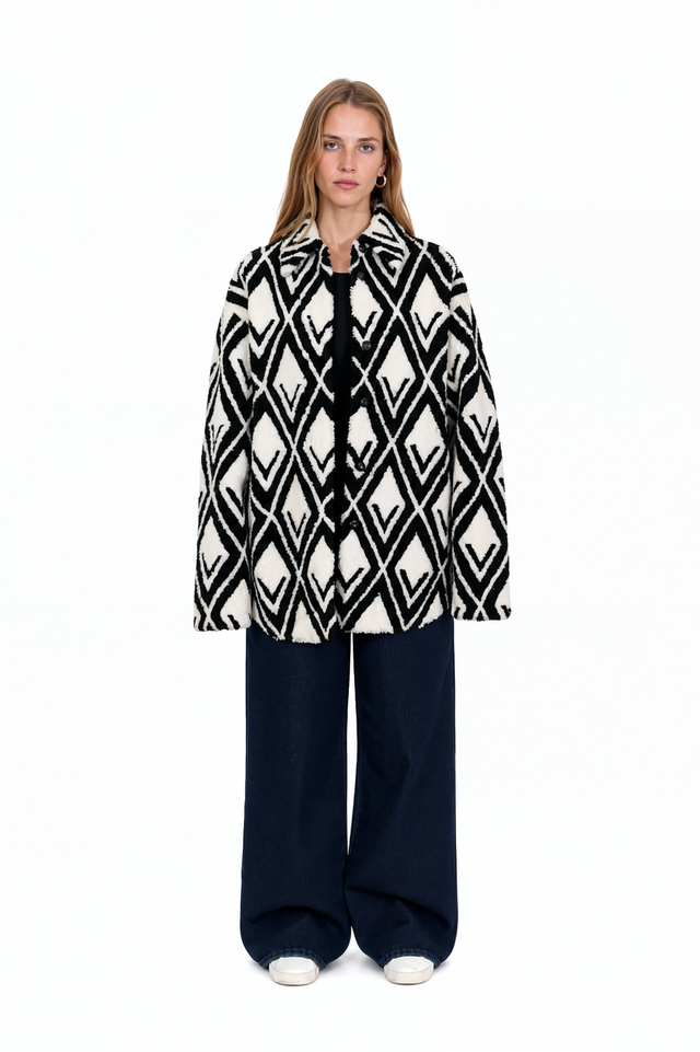 Valentino black and ivory diamond-pattern shearling jacket – front view