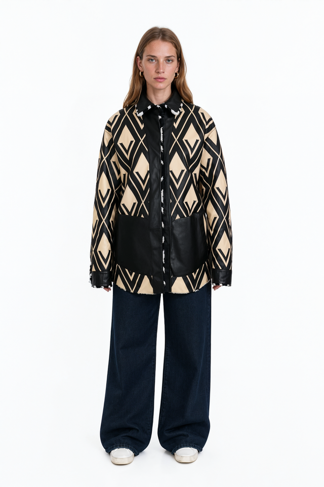 Valentino monochrome geometric shearling jacket with pointed collar