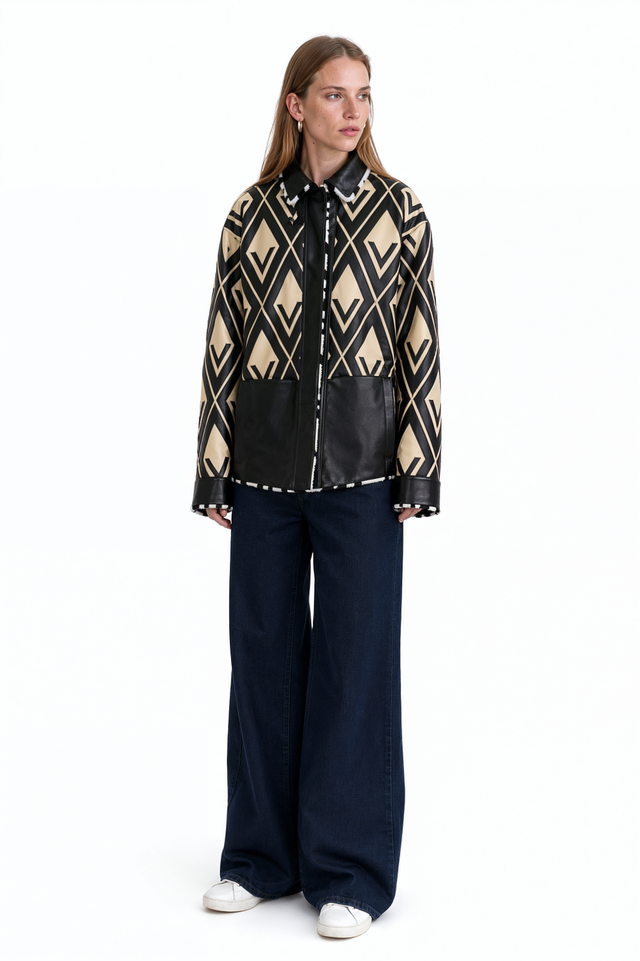 Valentino black and ivory diamond-pattern shearling jacket, detail of the pattern