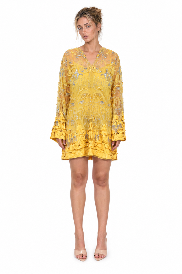 Valentino Embellished Tulle Long-Sleeve Mini Dress