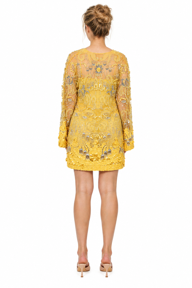 Valentino Embellished Tulle Long-Sleeve Mini Dress