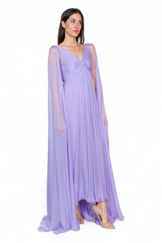 Valentino Lavender Draped Gown with Flowing Cape Sleeves