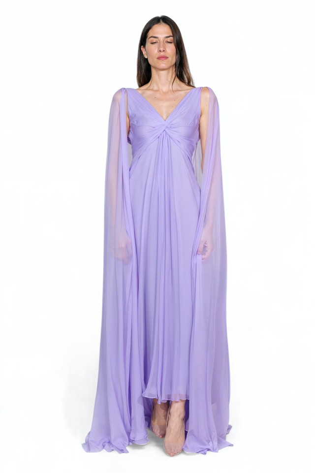 Valentino Lavender Draped Gown with Flowing Cape Sleeves