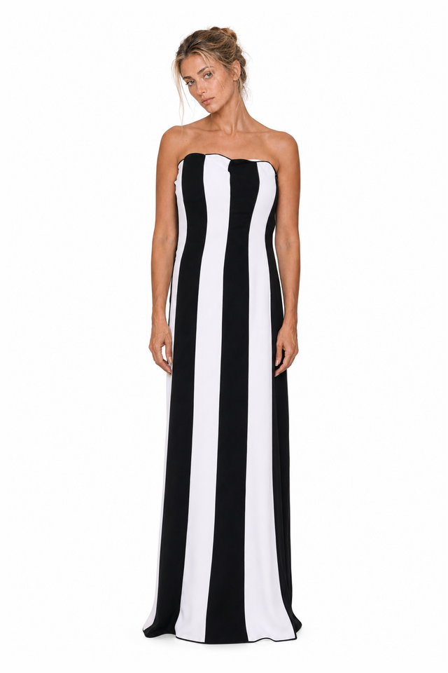 Valentino Women's Vertical Striped Strapless Column Gown in Black & White