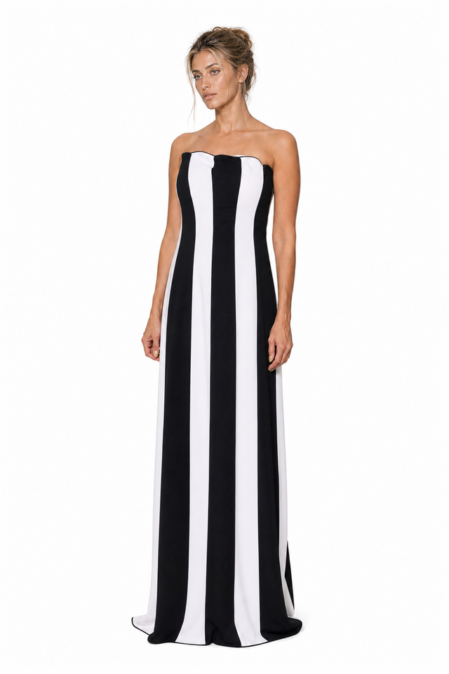 Valentino Women's Vertical Striped Strapless Column Gown in Black & White