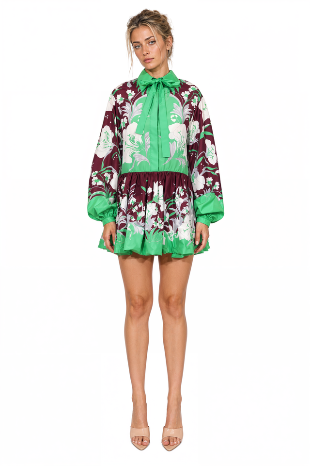 Valentino Floral Print Pussy-Bow Mini Dress in Green & Burgundy  Product