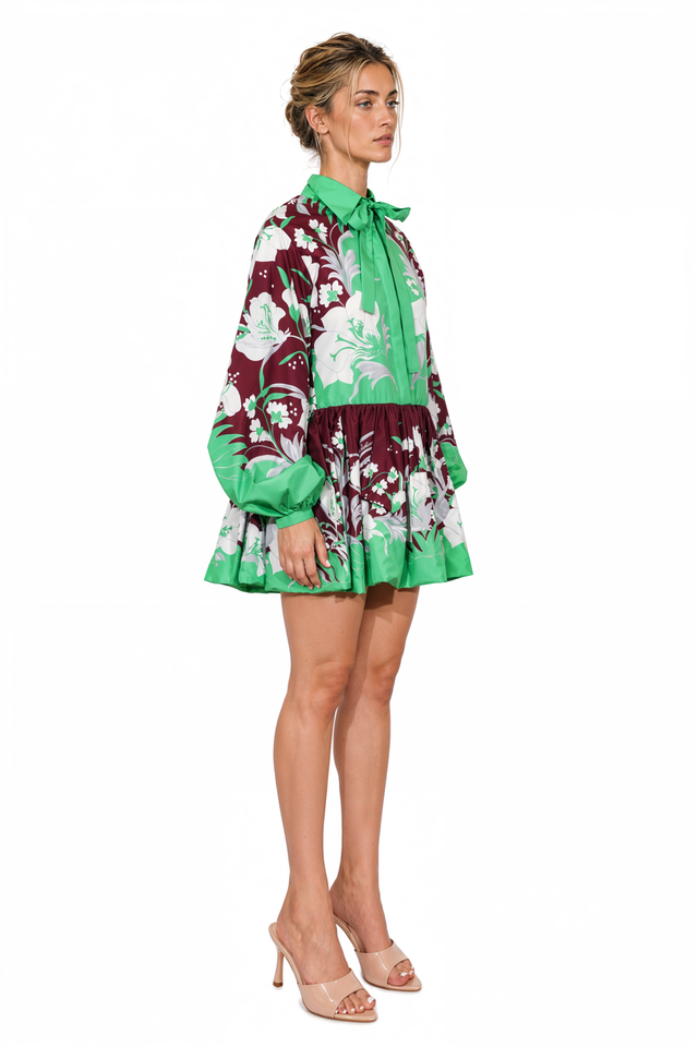 Valentino Floral Print Pussy-Bow Mini Dress in Green & Burgundy  Product